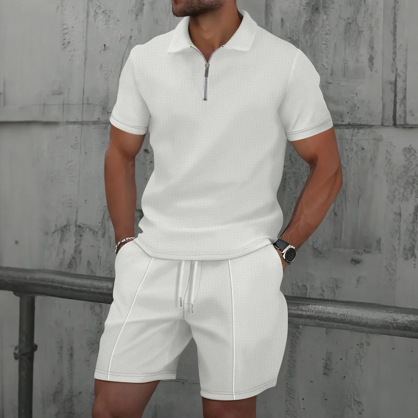 Men Polo Suit Short Sleeve Stylish Zipper - Polo Shirt And Shorts Set Men Casual Streetwear 2-pie Set