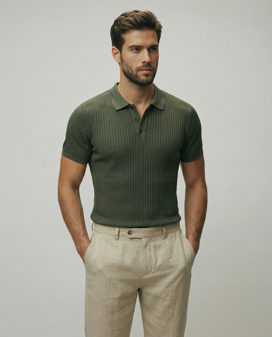 Vertical Stripe Knit Polo Men's Shirts Summer New Slim Solid Color Breathable Turn-Down Collar Business Short Sleeve Polo Tops
