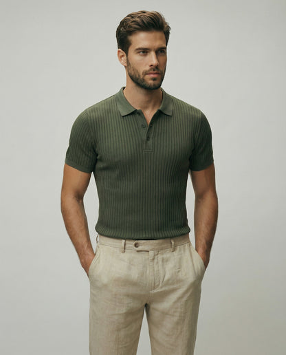Vertical Stripe Knit Polo Men's Shirts Summer New Slim Solid Color Breathable Turn-Down Collar Business Short Sleeve Polo Tops