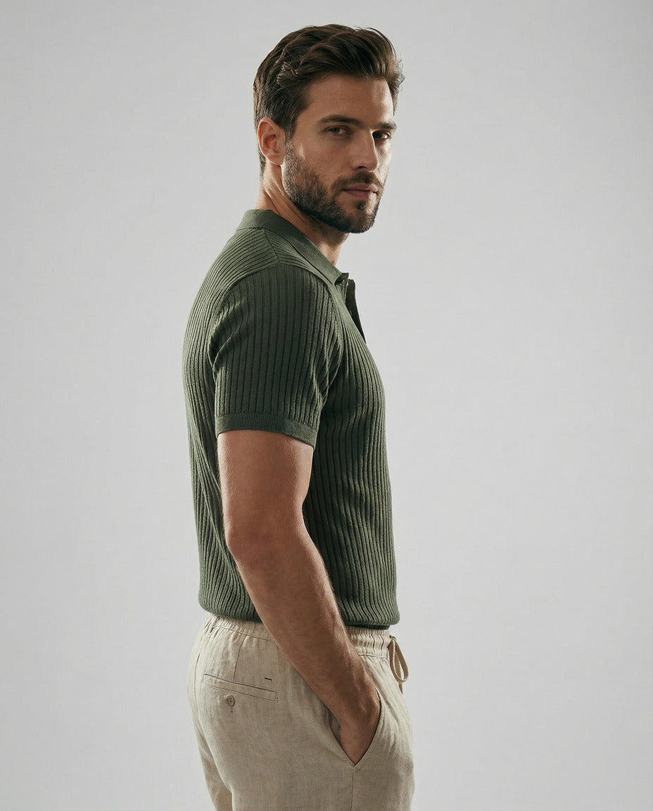Vertical Stripe Knit Polo Men's Shirts Summer New Slim Solid Color Breathable Turn-Down Collar Business Short Sleeve Polo Tops