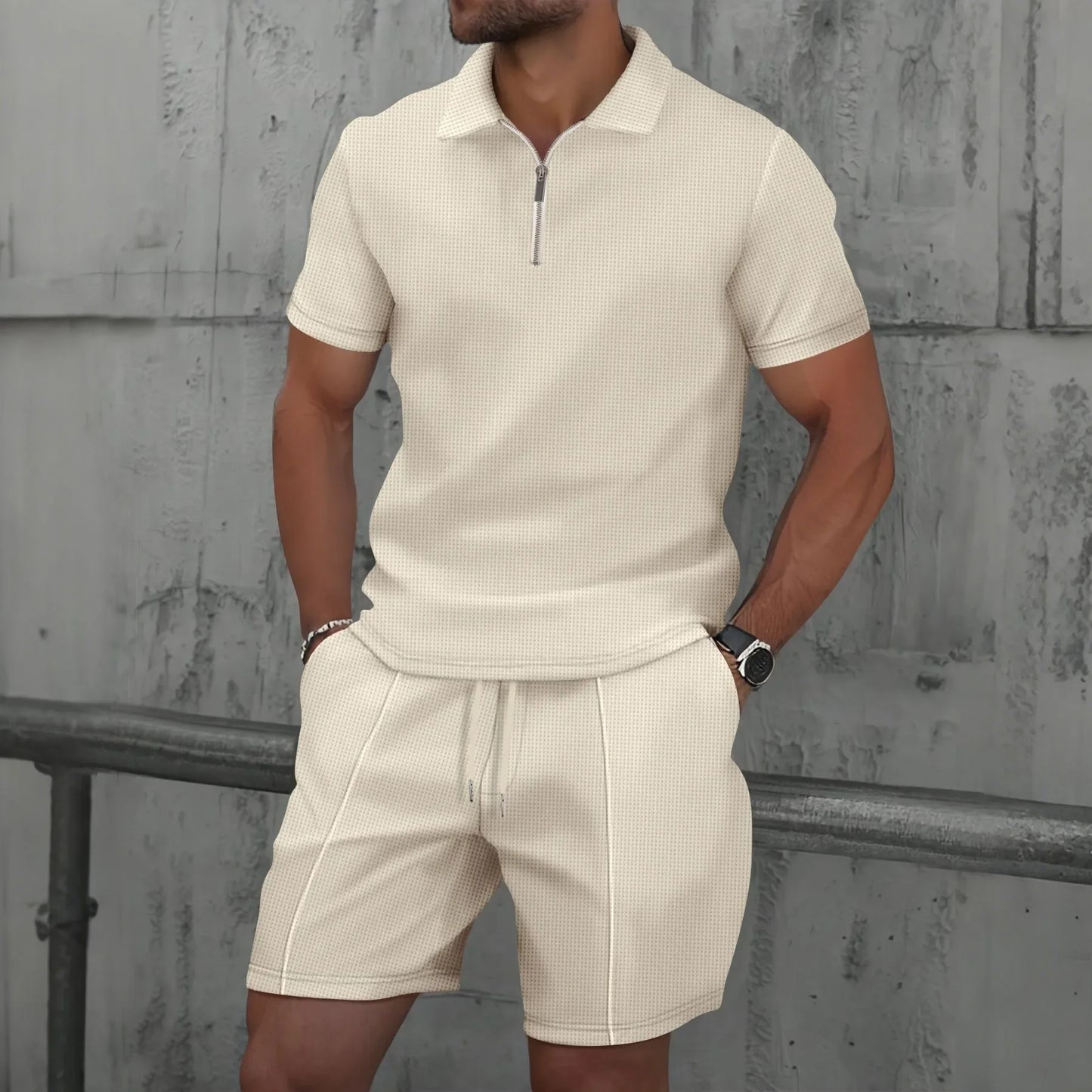 Men Polo Suit Short Sleeve Stylish Zipper - Polo Shirt And Shorts Set Men Casual Streetwear 2-pie Set