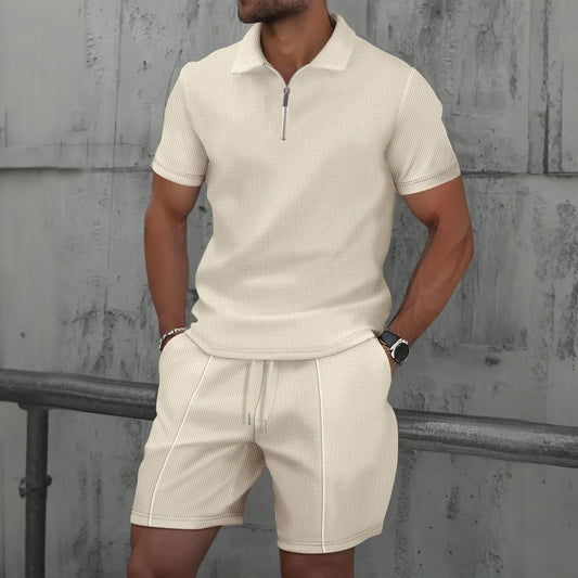 Men Polo Suit Short Sleeve Stylish Zipper - Polo Shirt And Shorts Set Men Casual Streetwear 2-pie Set