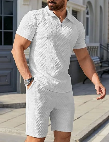 Men's Set Solid-color Form-fitting Polo Shirt Men's and Shorts Casual (Two-piece Set)