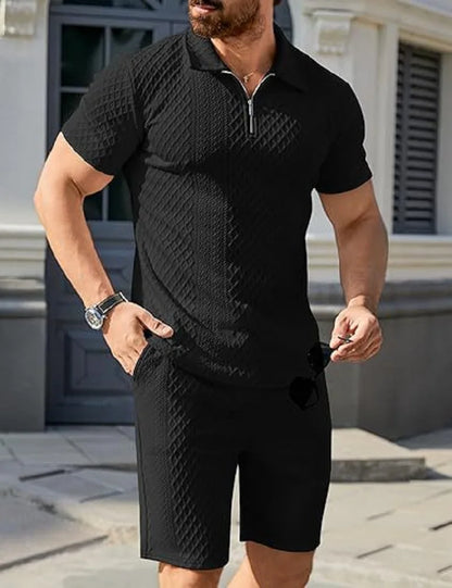 Men's Set Solid-color Form-fitting Polo Shirt Men's and Shorts Casual (Two-piece Set)