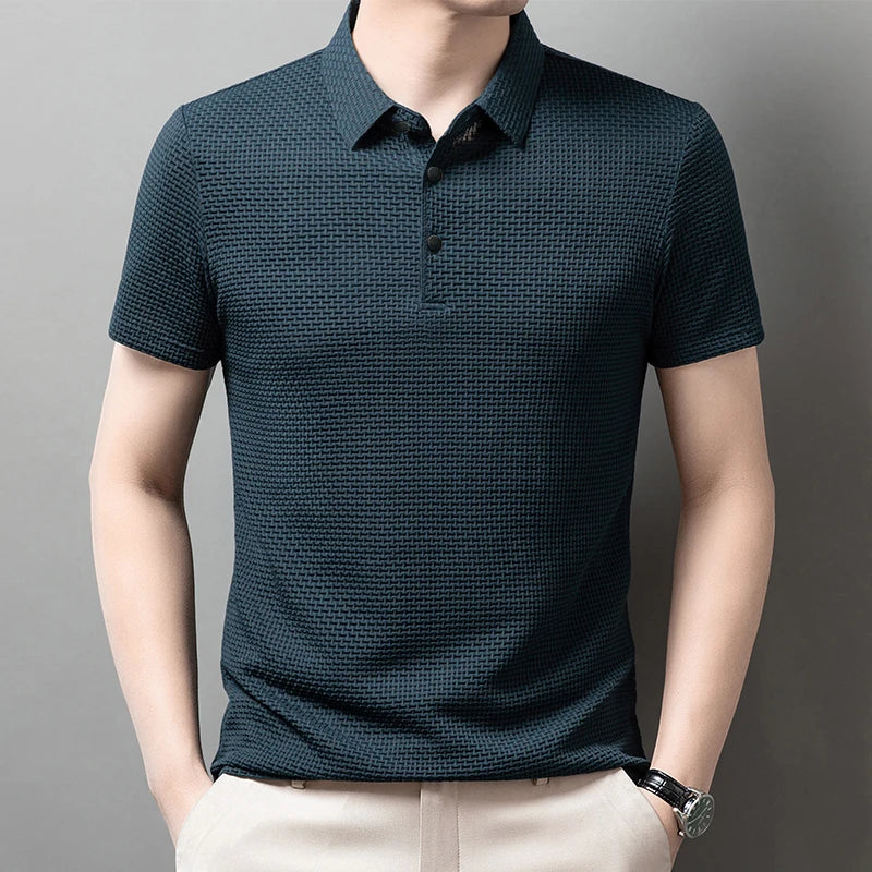 Men's Casual Sleeved Bone Flower Solid Color POLO Shirt Fashion Breathable Comfortable Versatile Top