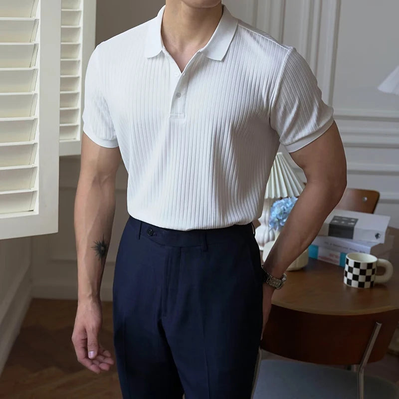 Vertical Stripe Knit Polo Men's Shirts Summer New Slim Solid Color Breathable Turn-Down Collar Business Short Sleeve Polo Tops