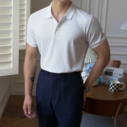 Vertical Stripe Knit Polo Men's Shirts Summer New Slim Solid Color Breathable Turn-Down Collar Business Short Sleeve Polo Tops