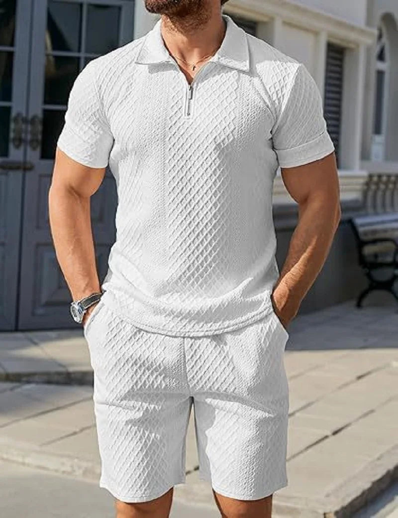 Men's Set Solid-color Form-fitting Polo Shirt Men's and Shorts Casual (Two-piece Set)