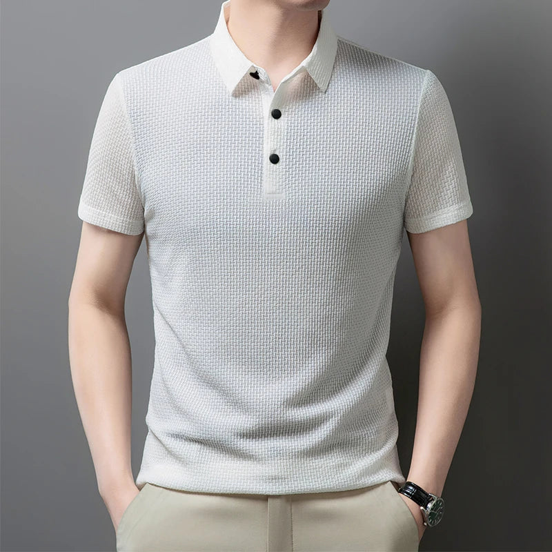 Men's Casual Sleeved Bone Flower Solid Color POLO Shirt Fashion Breathable Comfortable Versatile Top