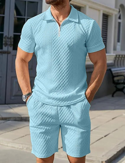 Men's Set Solid-color Form-fitting Polo Shirt Men's and Shorts Casual (Two-piece Set)