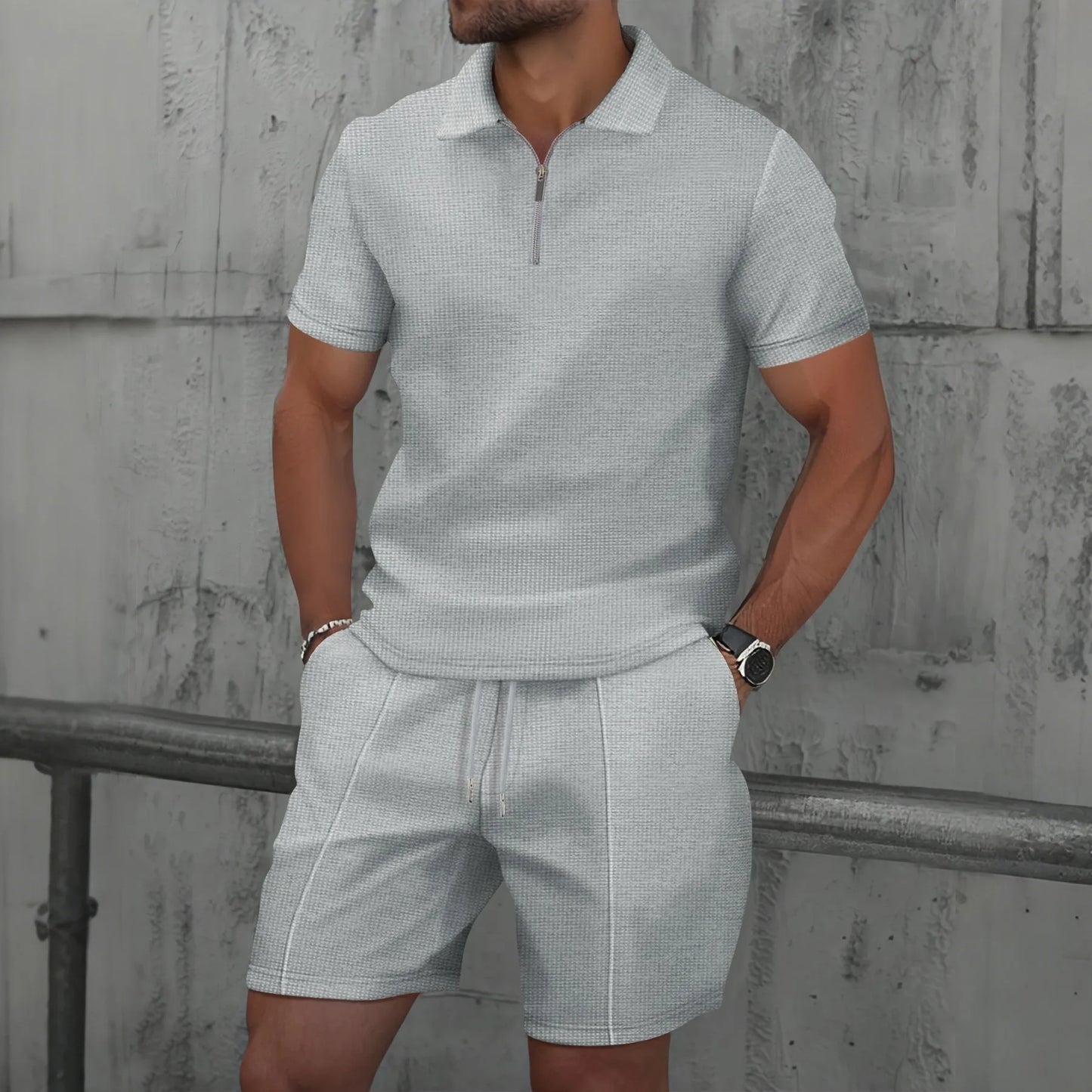 Men Polo Suit Short Sleeve Stylish Zipper - Polo Shirt And Shorts Set Men Casual Streetwear 2-pie Set