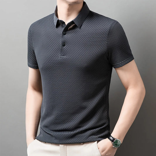 Men's Casual Sleeved Bone Flower Solid Color POLO Shirt Fashion Breathable Comfortable Versatile Top