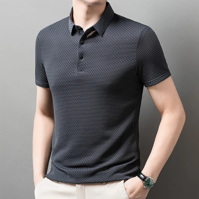 Men's Casual Sleeved Bone Flower Solid Color POLO Shirt Fashion Breathable Comfortable Versatile Top
