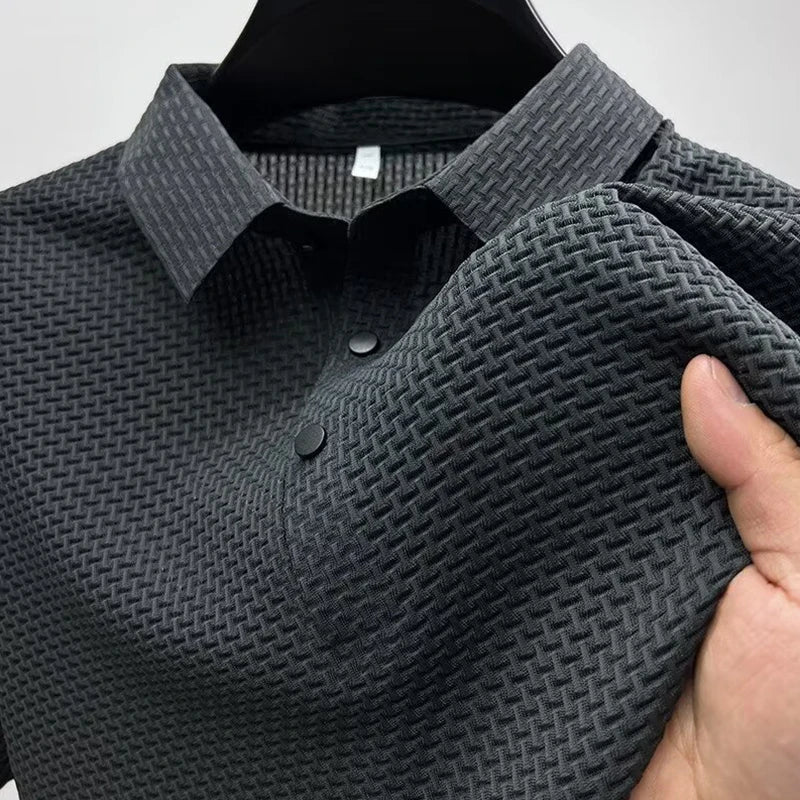 Men's Casual Sleeved Bone Flower Solid Color POLO Shirt Fashion Breathable Comfortable Versatile Top