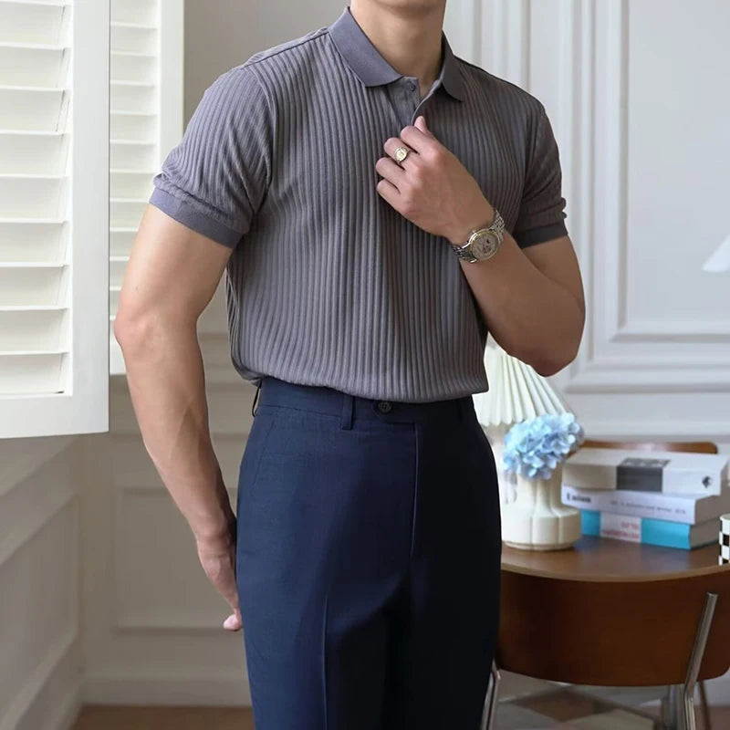 Vertical Stripe Knit Polo Men's Shirts Summer New Slim Solid Color Breathable Turn-Down Collar Business Short Sleeve Polo Tops