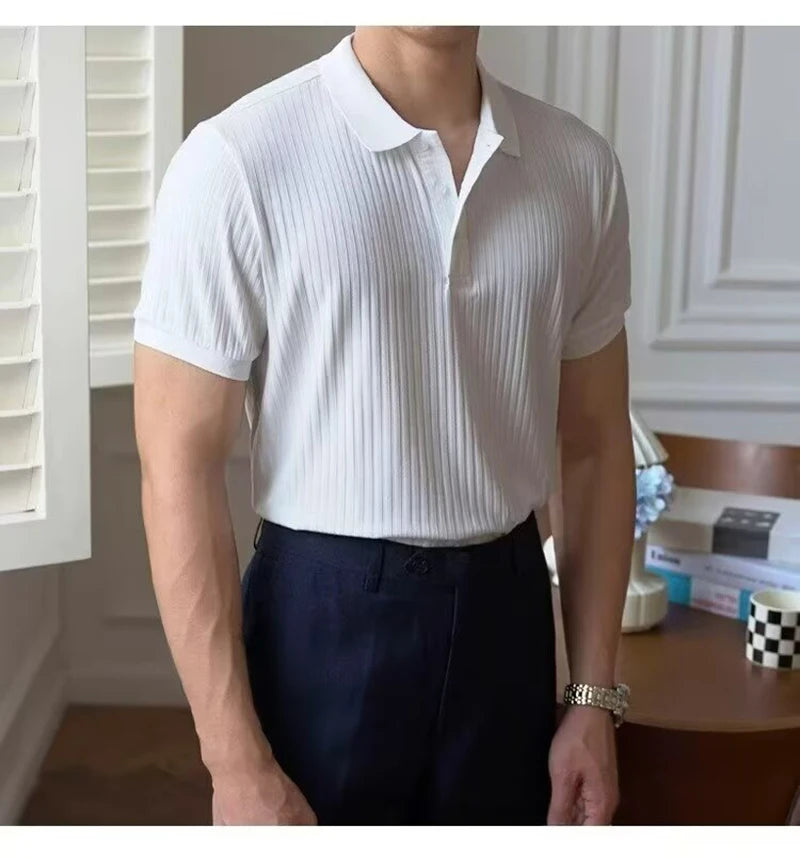 Vertical Stripe Knit Polo Men's Shirts Summer New Slim Solid Color Breathable Turn-Down Collar Business Short Sleeve Polo Tops
