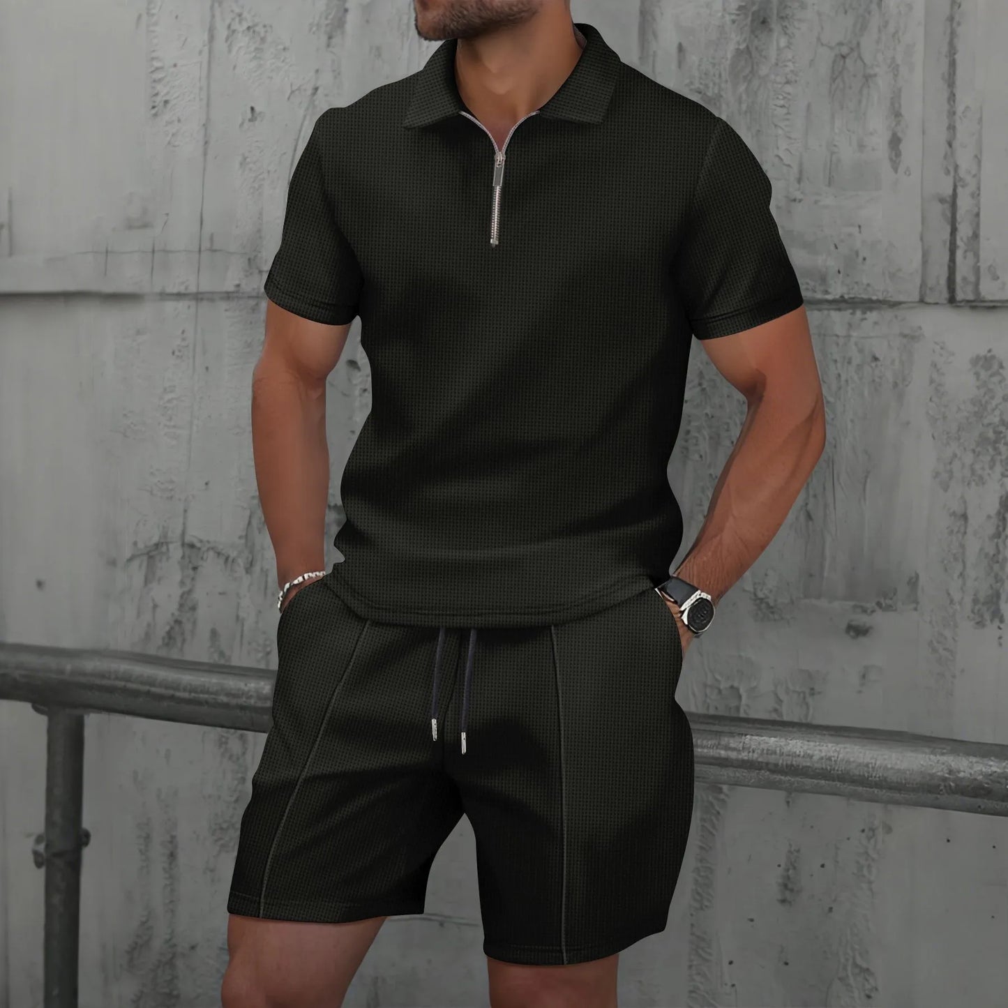 Men Polo Suit Short Sleeve Stylish Zipper - Polo Shirt And Shorts Set Men Casual Streetwear 2-pie Set
