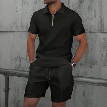Men Polo Suit Short Sleeve Stylish Zipper - Polo Shirt And Shorts Set Men Casual Streetwear 2-pie Set