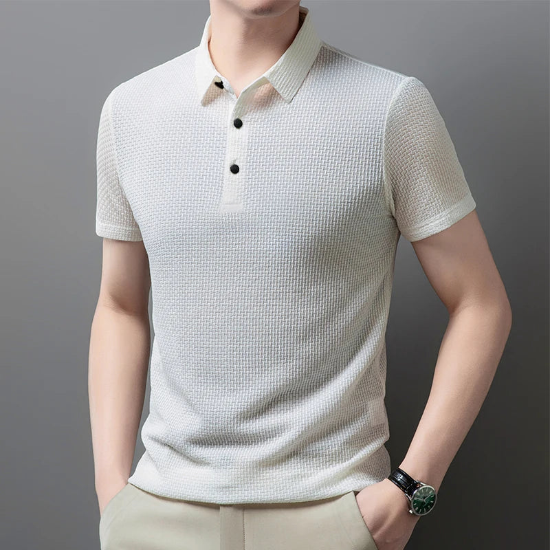 Men's Casual Sleeved Bone Flower Solid Color POLO Shirt Fashion Breathable Comfortable Versatile Top