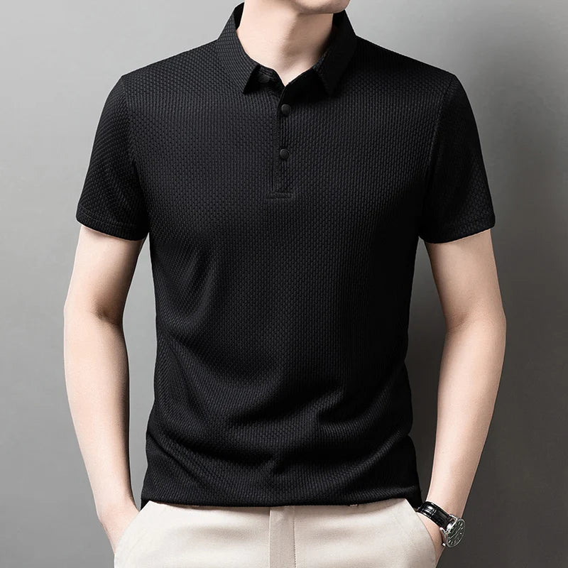 Men's Casual Sleeved Bone Flower Solid Color POLO Shirt Fashion Breathable Comfortable Versatile Top