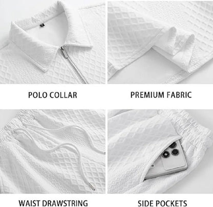 Men's Set Solid-color Form-fitting Polo Shirt Men's and Shorts Casual (Two-piece Set)