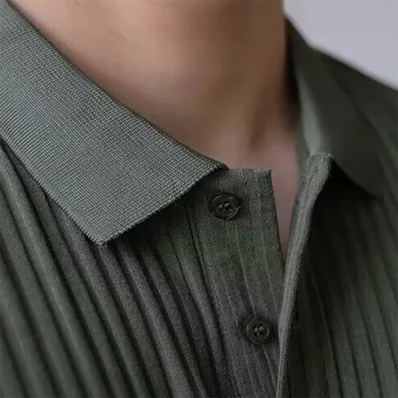 Vertical Stripe Knit Polo Men's Shirts Summer New Slim Solid Color Breathable Turn-Down Collar Business Short Sleeve Polo Tops