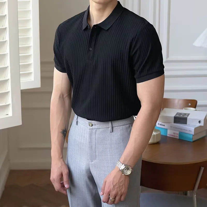 Vertical Stripe Knit Polo Men's Shirts Summer New Slim Solid Color Breathable Turn-Down Collar Business Short Sleeve Polo Tops