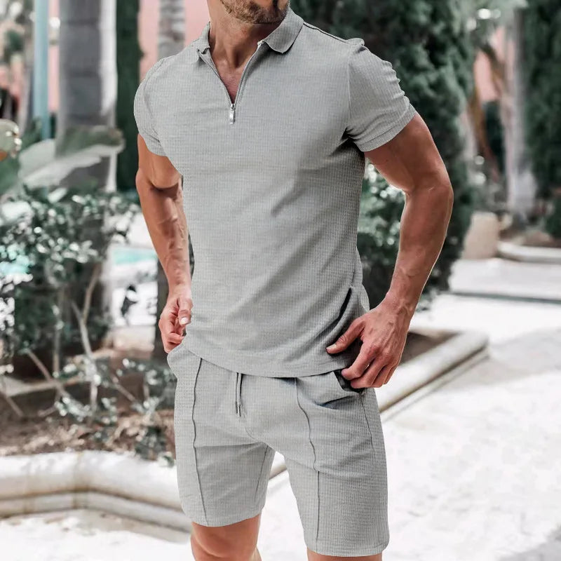 Men Polo Suit Short Sleeve Stylish Zipper - Polo Shirt And Shorts Set Men Casual Streetwear 2-pie Set