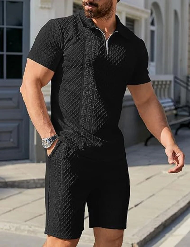 Men's Set Solid-color Form-fitting Polo Shirt Men's and Shorts Casual (Two-piece Set)