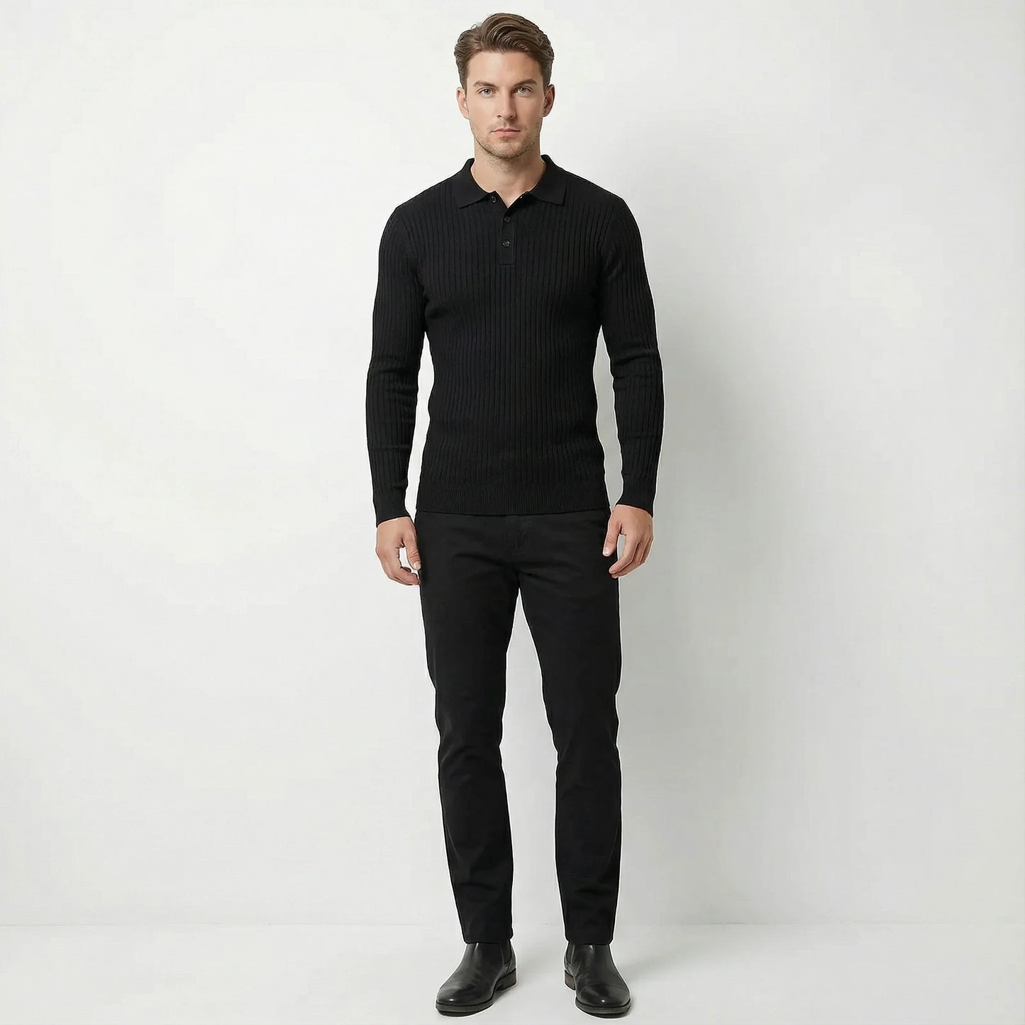 Men's Long Sleeve Muscle Fit Ribbed Polo